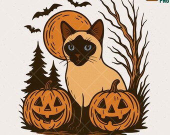 Retro Halloween Siamese Cat PNG, Pumpkin Clipart