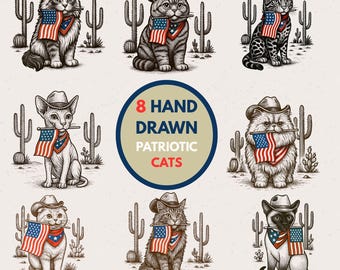 Patriotic Cowboy Cats PNG Clipart Bundle, 4th of July (Digital Download)