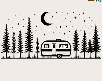 Retro Camper PNG – Under Stars, Nature Adventure (Digital Download)