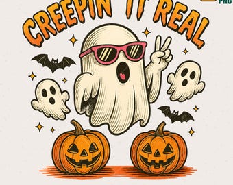 Funny Creepin' It Real Ghost, Pumpkins PNG, Retro Halloween
