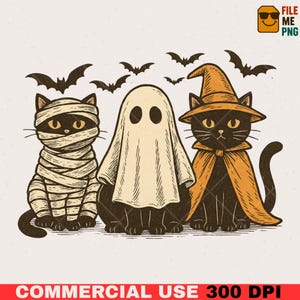 May include: A vintage-style Halloween graphic featuring three black cats dressed as a mummy, a ghost, and a witch, with bats flying above. The image has a cream-colored background and the text "COMMERCIAL USE 300 DPI" at the bottom.