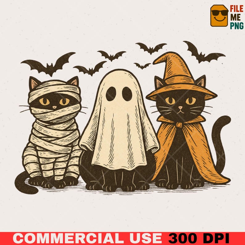 May include: A vintage-style Halloween graphic featuring three black cats dressed as a mummy, a ghost, and a witch, with bats flying above. The image has a cream-colored background and the text "COMMERCIAL USE 300 DPI" at the bottom.