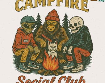 Bigfoot Alien Campfire PNG, Funny Skeleton Dog Graphic (Digital Download)