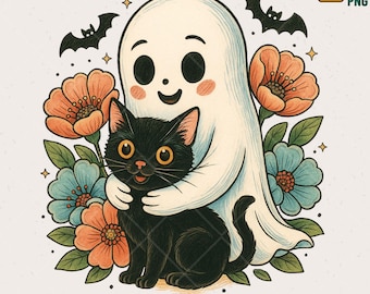 Clipart chat fantôme d'Halloween, illustration florale effrayante