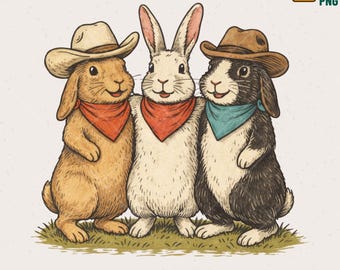 Cowboy Bunnies PNG, Vintage Illustration, Rustic Americana Design (Digital Download)