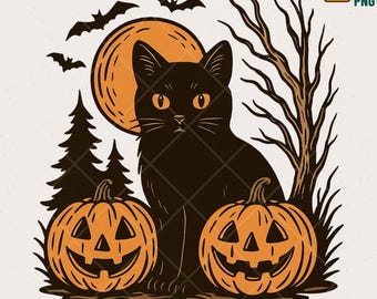 Retro Halloween Black Cat PNG, Pumpkin Clipart