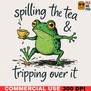 Grenouille drôle renversant le thé et trébuchant dessus PNG, Funny Meme Frog Shirt Design, Cute Frog vintage design, Funny Hand Drawn Cartoon