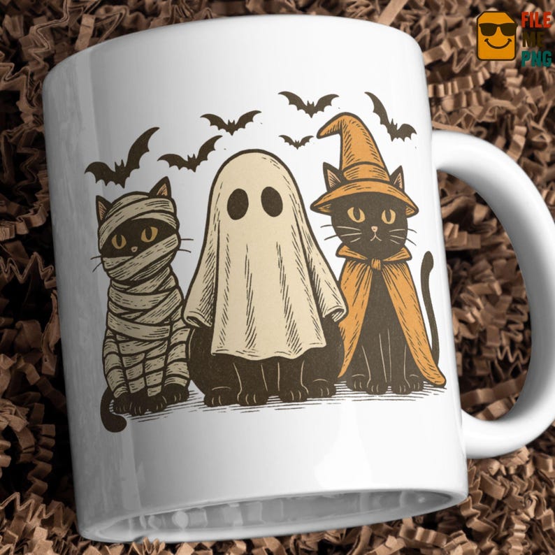 May include: White ceramic mug featuring a Halloween-themed design. The design includes three black cats dressed as a mummy, a ghost, and a witch, with bats flying above. The mug has a white handle.