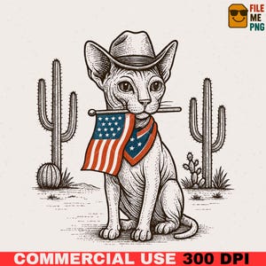 Patriotic Sphynx Cat PNG – Vintage Cowboy Cat Holding American Flag Desert Scene, Sphynx Mom Shirt Design, Sphynx Dad Shirt Design