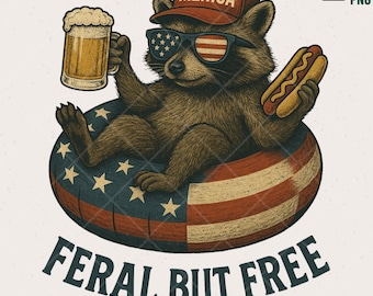 Funny Raccoon 4th of July PNG: American Flag Float, Beer, Hotdog (Digital Download)
