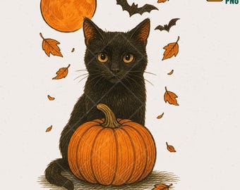 Retro Czarny Kot Halloween PNG Clipart, Dynia, Nietoperze (Pobieranie Cyfrowe)