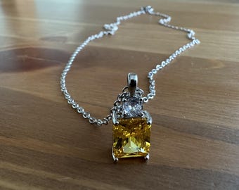 Yellow Geometric rectengular shaped zircon Crystal pendant with silver plated chain necklace