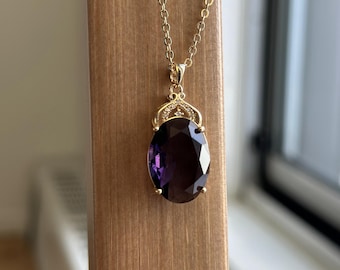 Purple Oval shaped gold color plated necklace with Crystal Cubic Zirconia necklace