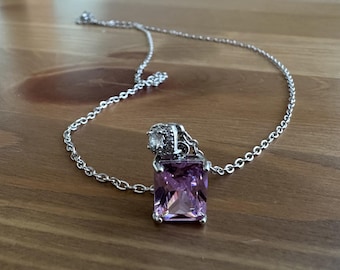 Pink Rectengular shaped stainless steel necklace with Crystal Cubic Zirconia necklace