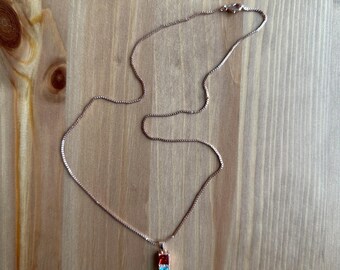 Three Square Shaped Row Design Red/Blue/Green Crystal Necklace