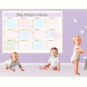 Afdrukbare babymijlpaalkalender | Maandelijkse trackerposter voor het eerste jaar | Babygeheugenkaart | Muurkunst pasgeboren tot 12 maanden | Digitale download