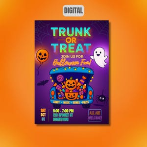 May include: A digital Halloween-themed poster with an orange background. The poster features the words "Trunk or Treat" in green and pink, a cartoon car filled with candy, and a ghost. Additional text includes event details and the phrase "All are welcome!"