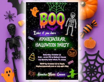 Neon Halloween Party Invitation | Spooktacular Costume Party Flyer | Kids Halloween Invite | Glow Editable Canva Template