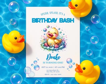 Duck Birthday Invitation | Editable Splish Splash Invite | Rubber Duck Party Template | Boy Girl 1st Birthday | Canva Printable