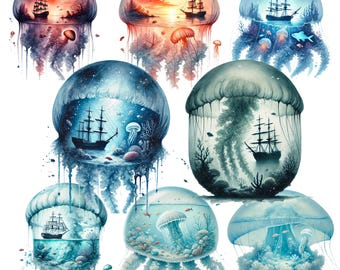 8 Fantasy Jellyfish & Ship Clipart Set | Underwater Watercolor Scene Inside Jellyfish | Surreal Ocean Digital Art PNG for DIY  Print