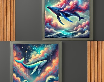 Dreamy Celestial Whale Art - Digital Download | Fantasy Ocean & Galaxy Wall Art | Mystical Sky Whale Printable for Home Decor