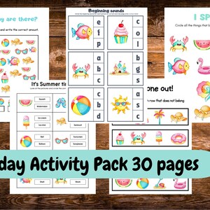 May include: A collection of summer-themed activity pages for children. The pages feature colorful illustrations of beach balls, sunglasses, fish, and other summer objects. Text includes "How many are there?" and "I Spy" prompts. The pack includes 30 pages.
