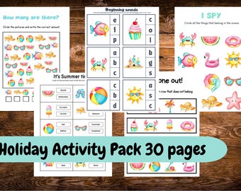 Summer Activity Bundle: Kids Learning Games, Tracing, Counting (30 Pages) (Printable Download)