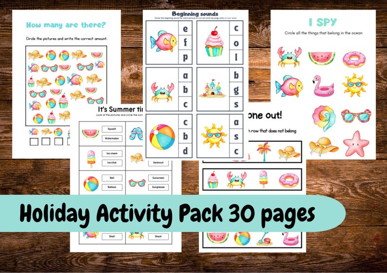 May include: A collection of summer-themed activity pages for children. The pages feature colorful illustrations of beach balls, sunglasses, fish, and other summer objects. Text includes "How many are there?" and "I Spy" prompts. The pack includes 30 pages.