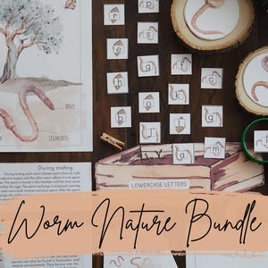 May include: A worm nature bundle with educational illustrations and lowercase letter cards. The image includes a watercolor illustration of a worm, a tree, and a magnifying glass. The text "Worm Nature Bundle" is also visible.