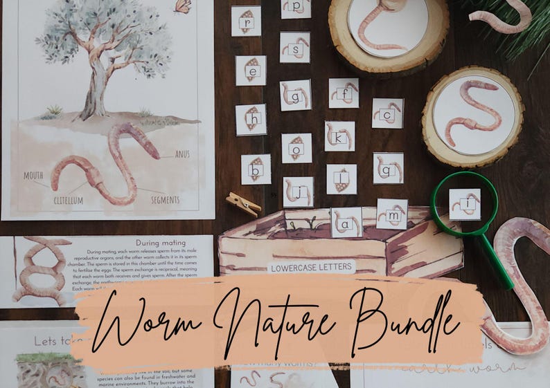 May include: A worm nature bundle with educational illustrations and lowercase letter cards. The image includes a watercolor illustration of a worm, a tree, and a magnifying glass. The text "Worm Nature Bundle" is also visible.