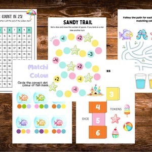 May include: Educational printables for kids featuring colorful games and activities. Includes a number chart, a board game called "Sandy Trail", a matching color game, and a maze. The theme is summer and includes images of fish, stars, and ice cream.