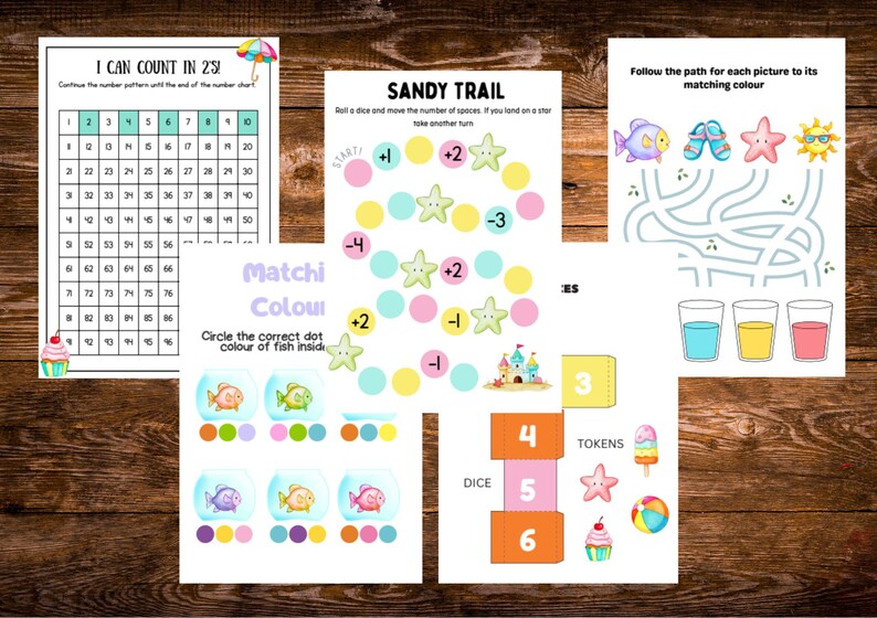 May include: Educational printables for kids featuring colorful games and activities. Includes a number chart, a board game called "Sandy Trail", a matching color game, and a maze. The theme is summer and includes images of fish, stars, and ice cream.