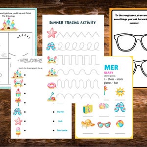 May include: Summer-themed activity pages for kids. Includes tracing exercises, drawing prompts, and matching games. Features illustrations of beach scenes, sunglasses, and summer items. The pages are printed on white paper.