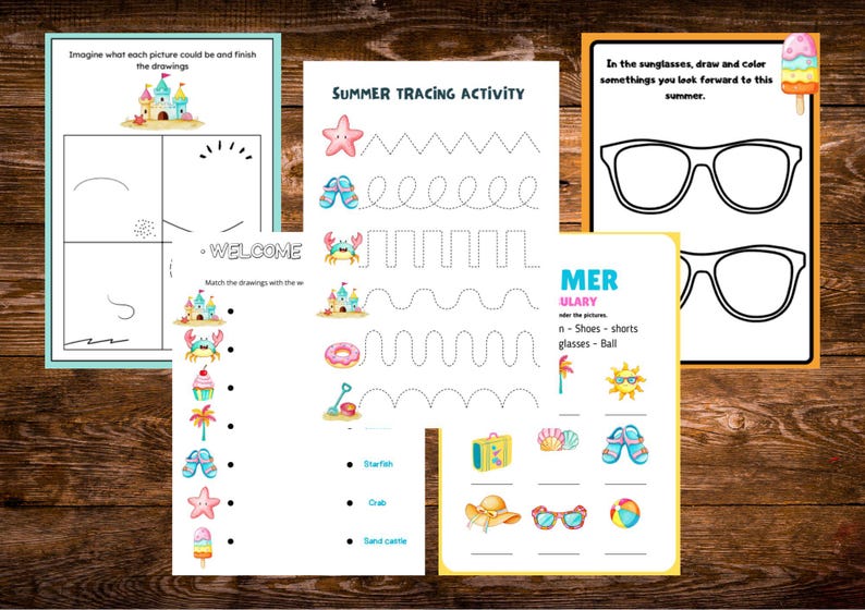 May include: Summer-themed activity pages for kids. Includes tracing exercises, drawing prompts, and matching games. Features illustrations of beach scenes, sunglasses, and summer items. The pages are printed on white paper.