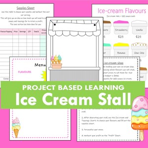 May include: A pink educational worksheet set for an ice cream stall project. Includes a supplies sheet, ice cream flavor charts, and a menu template. The title "Ice Cream Stall" is displayed in large, colorful letters.