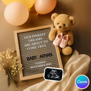 Modèle sur toile modifiable pour faire-part de grossesse bébé fille avec tableau à lettres, nounours et échographie numérique à plat pour révéler Instagram