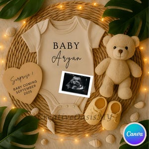 Modèle de toile de faire-part de bébé d'été modifiable Nom de bébé neutre en matière de genre révéler panneau en bois ours en peluche décor agrumes carte de grossesse à plat