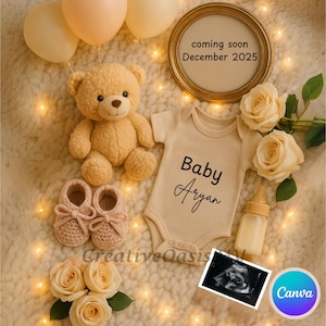 Modèle de toile pour faire-part de grossesse modifiable avec ours en peluche, grenouillère crème, échographie et lumières chaudes pour la révélation de bébé de décembre