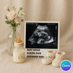 Minimalistische Schwangerschaftsankündigung Canva Vorlage Bearbeitbare Digitale Baby Enthüllung mit Ultraschall, Babyflasche & Booties Karte