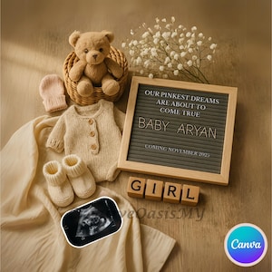 Modèle de toile numérique modifiable pour faire-part de grossesse pour bébé fille avec nounours, échographie et tableau à lettres, sexe pour un téléchargement immédiat neutre