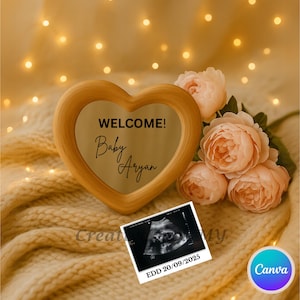 Bearbeitbare Willkommen Baby Ankündigung Canva Vorlage Gender Neutral Spiegel Blumen Ultraschall Digitale Schwangerschaft enthüllen Printable