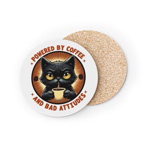 Powered by Coffee Cat Coasters | Funny Drink Coasters for Cat Lovers, Home Decor, Gifts, Coffee Enthusiasts