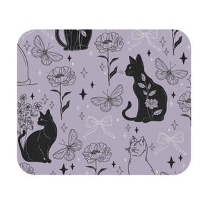 Charming Cat & Floral Mouse Pad, Black Cat Design, Desk Accessories, Gifts for Cat Lovers, Office Decor, Cute Mouse Pad