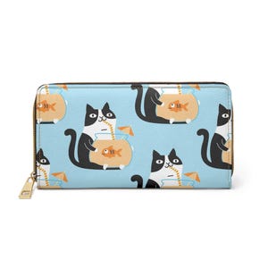 Carteira com zíper e estampa de gato, porta-moedas fofo com tema de gato, presente para amantes de animais de estimação, carteira kawaii para donos de gatos, acessório divertido para animais