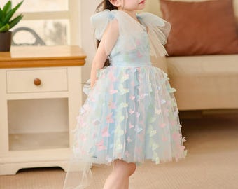 Butterfly Princess Dress for Girls, Pastel Tulle Dress, Toddler Birthday Dress, Fairy Dress, Flower Girl Outfit, Handmade Dress