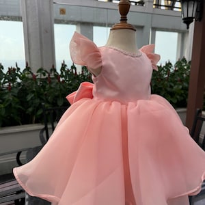 Baby Girl Puff Sleeve Pink Dress , White Boho Flower girl dress , White Organza flower girl dress flower girl dress, Rustic Girl dress