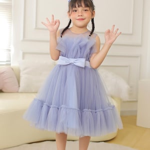 Dusty Blue Tulle Baby Dress: Large Satin Bow, Birthday Party Outfit
