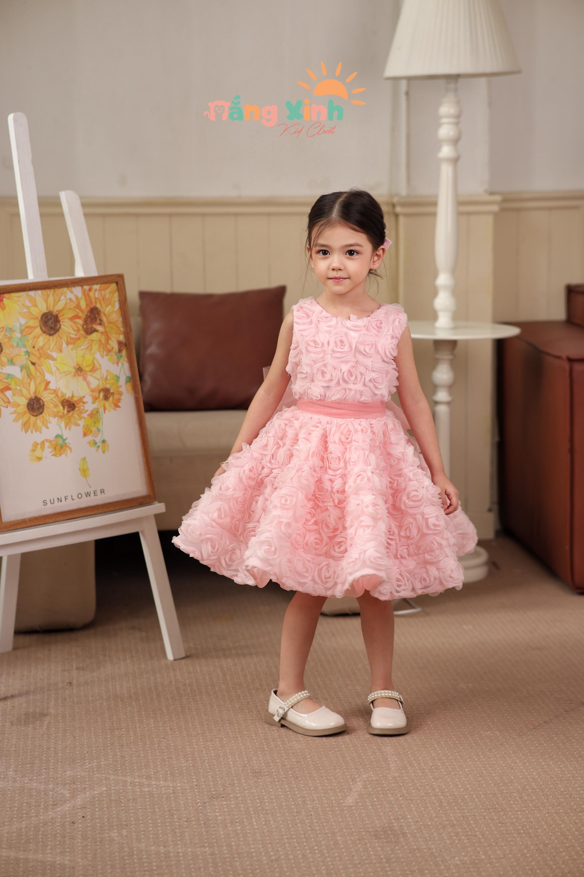 K Pink 3D Rosette Flower Girl Dress, Blush Princess Tulle Dress for