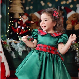 Abito natalizio scozzese per bambina, costume per servizio fotografico, vestito natalizio per bambina, manica corta a sbuffo, vestito natalizio per bambini