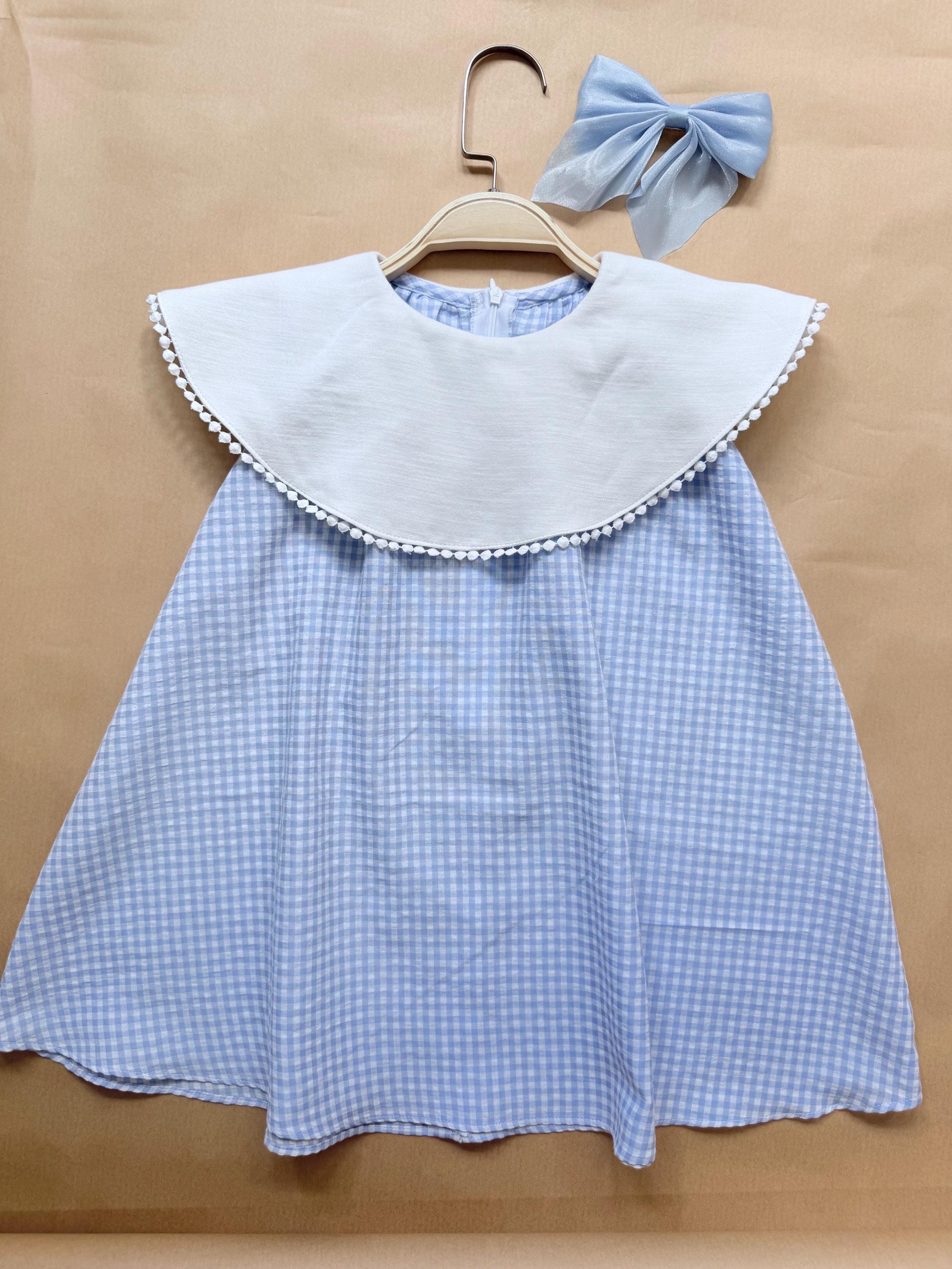 Blue Gingham Cotton Dress – Peter Pan Collar, Back to School Outfit
